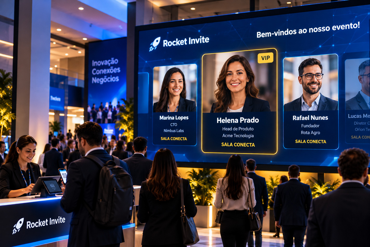 Evento corporativo com participantes em área de credenciamento e grande telão da Rocket Invite exibindo perfis de participantes com foto, nome, cargo, empresa e destaque VIP.