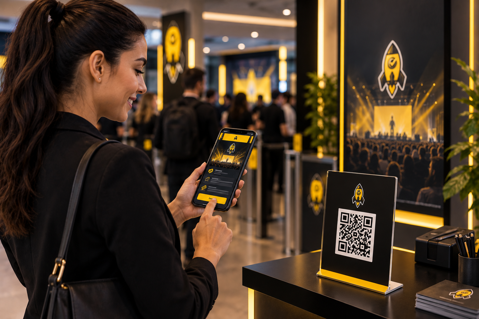 Participante comprando ingresso online para um evento pela Rocket Invite, com opções Standard, Executivo e VIP em uma experiência digital integrada.